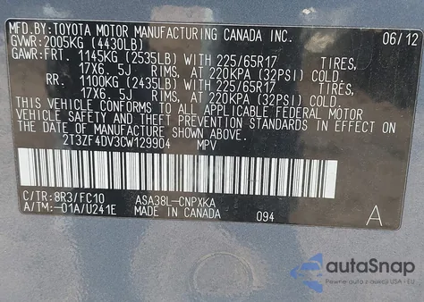 2012 Toyota Rav4 from USA, damaged, VIN 2T3ZF4DV3CW129904